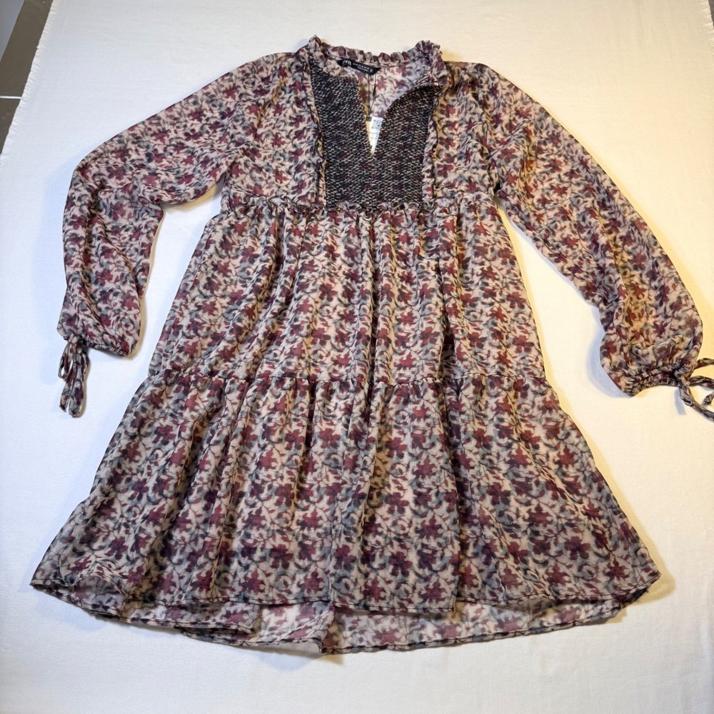 Zara XS Floral Babydoll Mini Dress Boho Cottagecore Smocked Tier  Festival fairy - Picture 2 of 16